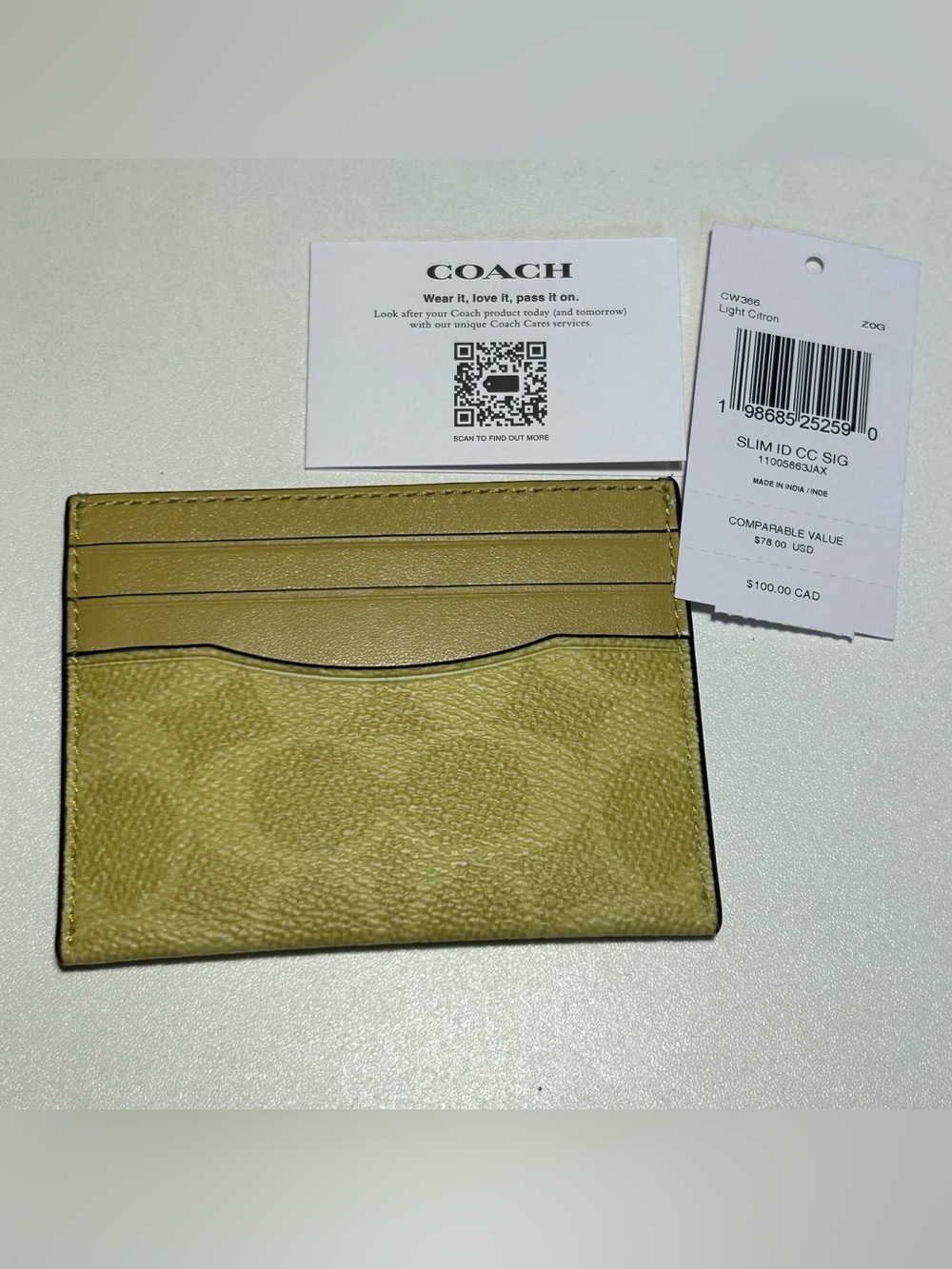 Coach Slim Card Case ID Holder Light Citron Leather NWOT